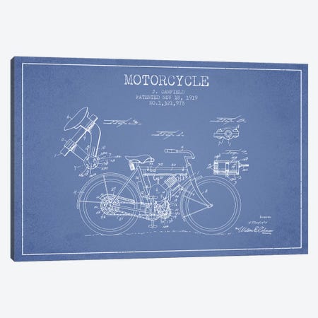J. Canfield Motorcycle Patent Sketch (Light Blue) Canvas Print #ADP2967} by Aged Pixel Canvas Art