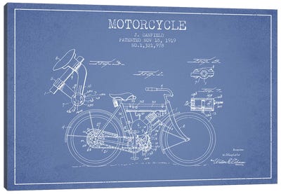 J. Canfield Motorcycle Patent Sketch (Light Blue) Canvas Art Print - Aged Pixel: Motorcycles