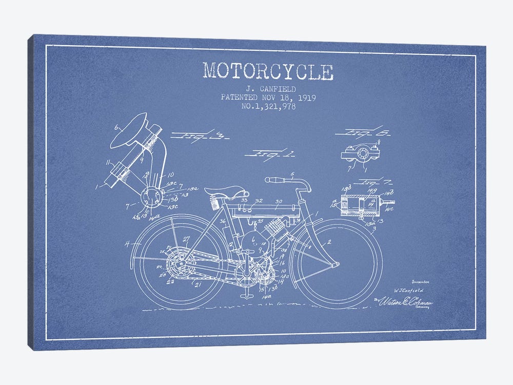 J. Canfield Motorcycle Patent Sketch (Light Blue) by Aged Pixel 1-piece Canvas Art Print