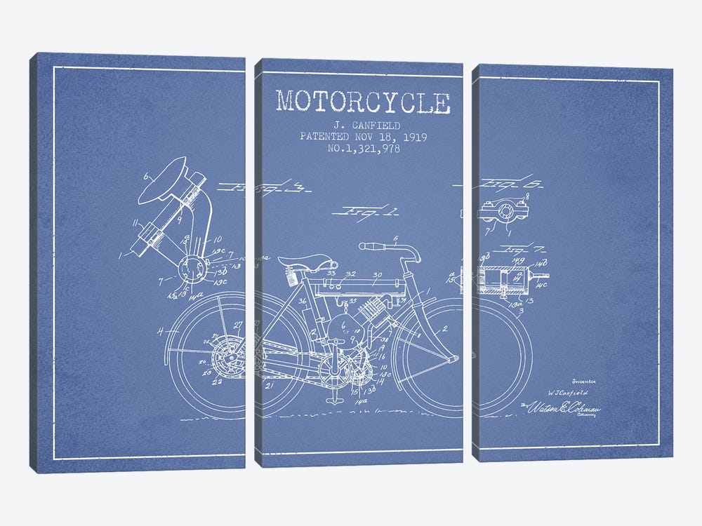 J. Canfield Motorcycle Patent Sketch (Light Blue) by Aged Pixel 3-piece Art Print