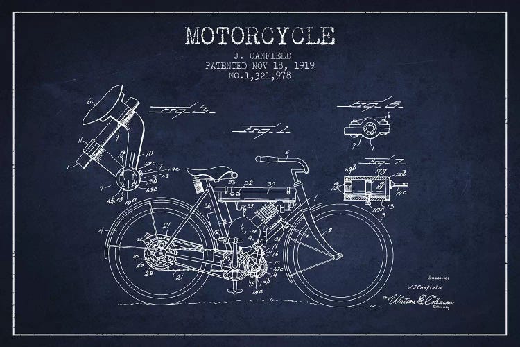 J. Canfield Motorcycle Patent Sketch (Navy Blue) by Aged Pixel wall art