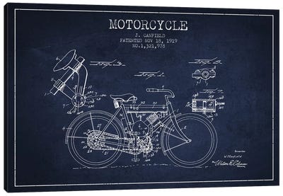 J. Canfield Motorcycle Patent Sketch (Navy Blue) Canvas Art Print - Aged Pixel: Motorcycles