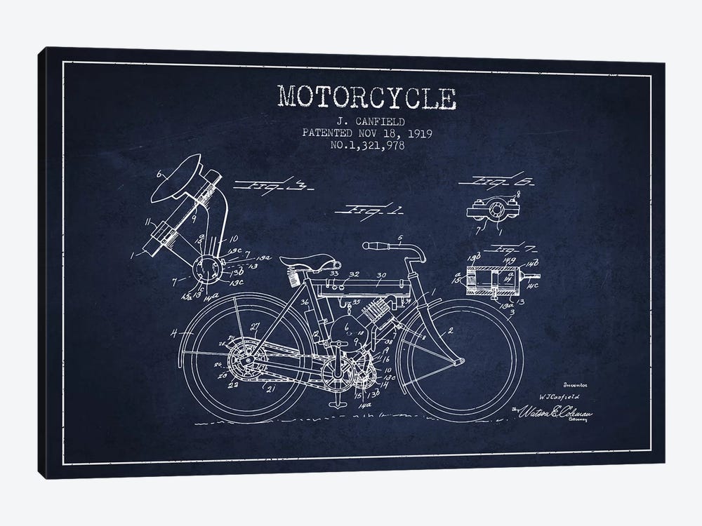 J. Canfield Motorcycle Patent Sketch (Navy Blue) by Aged Pixel 1-piece Canvas Art
