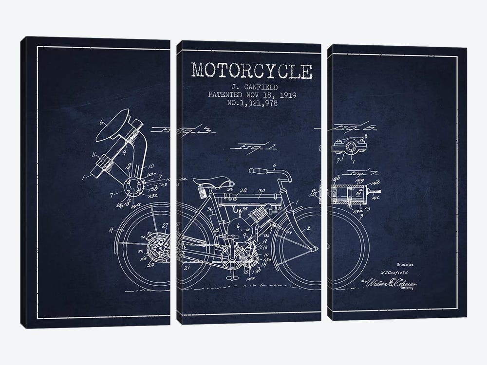 J. Canfield Motorcycle Patent Sketch (Navy Blue) by Aged Pixel 3-piece Canvas Artwork