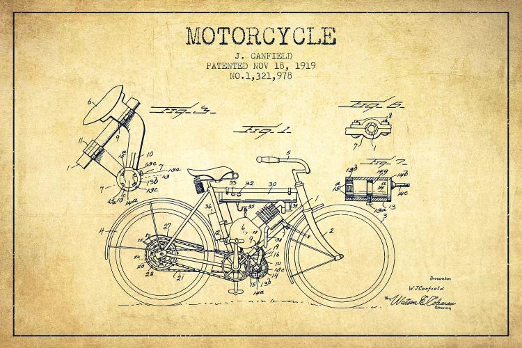 J. Canfield Motorcycle Patent Sketch (Vintage) by Aged Pixel wall art