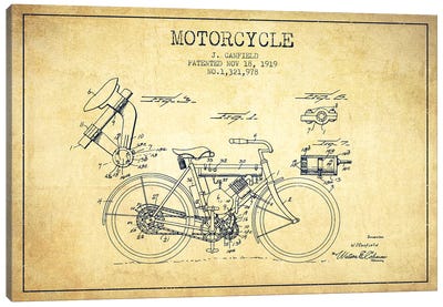 J. Canfield Motorcycle Patent Sketch (Vintage) Canvas Art Print - Aged Pixel: Motorcycles