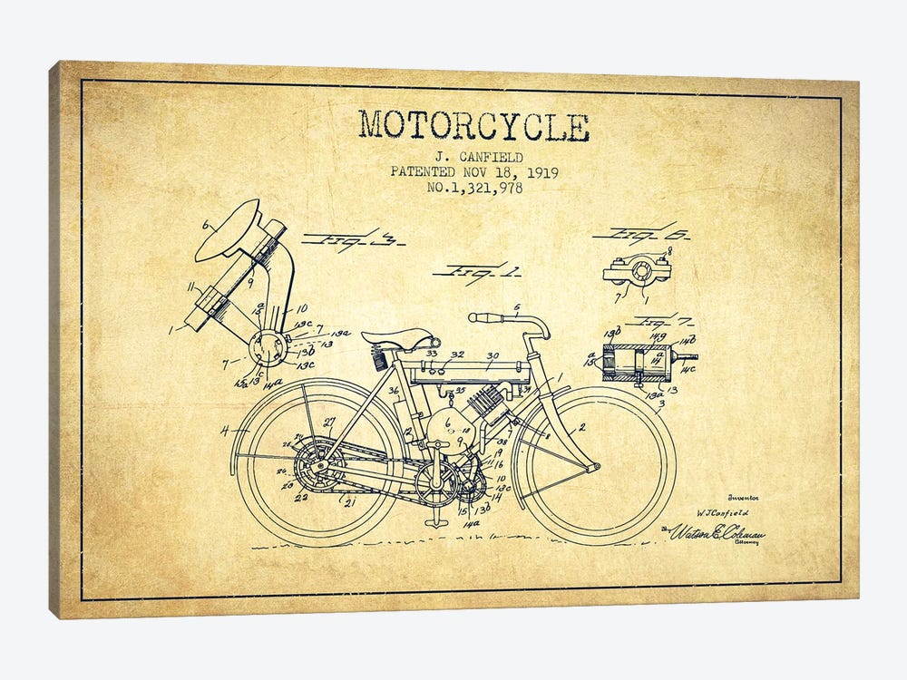 J. Canfield Motorcycle Patent Sketch (Vintage) by Aged Pixel 1-piece Canvas Print