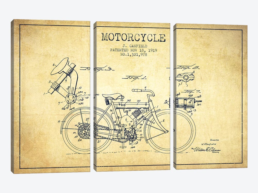 J. Canfield Motorcycle Patent Sketch (Vintage) by Aged Pixel 3-piece Canvas Art Print