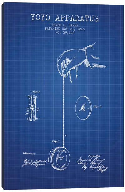 J.L. Haven Yoyo Apparatus Patent Sketch (Blue Grid) Canvas Art Print - Aged Pixel: Toys & Games