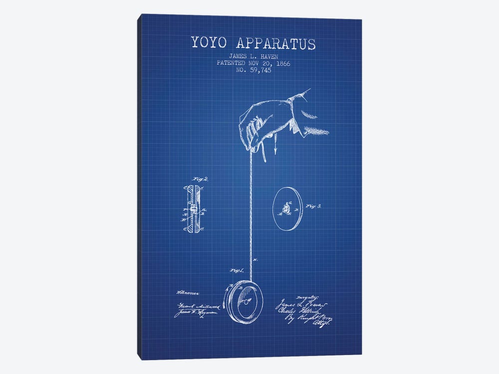 J.L. Haven Yoyo Apparatus Patent Sketch (Blue Grid) by Aged Pixel 1-piece Canvas Print