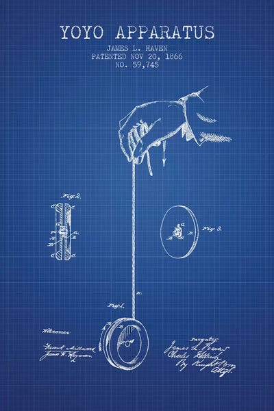 YoYos: J.L. Haven Yoyo Apparatus Patent Sketch (Blue Grid) by Aged Pixel