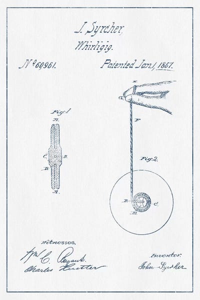 Toy & Game Blueprints: J. Syrcher Whirligig Patent Sketch (Ink) by Aged Pixel
