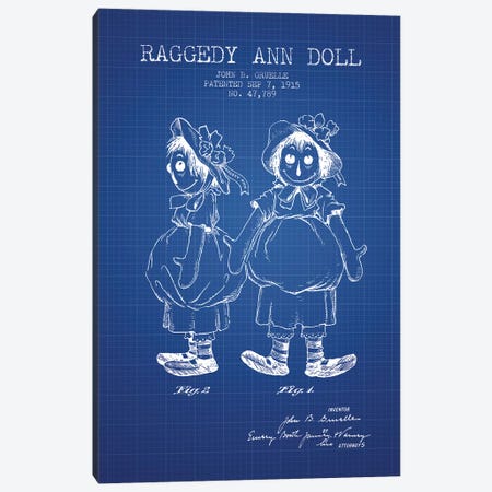J.B. Gruelle Raggedy Ann Doll Patent Sketch (Blue Grid) Canvas Print #ADP2972} by Aged Pixel Canvas Artwork
