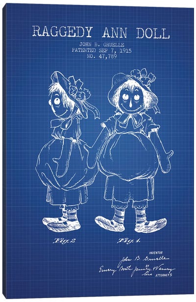 J.B. Gruelle Raggedy Ann Doll Patent Sketch (Blue Grid) Canvas Art Print - Toy & Game Blueprints
