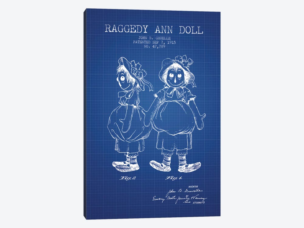 J.B. Gruelle Raggedy Ann Doll Patent Sketch (Blue Grid) by Aged Pixel 1-piece Canvas Print
