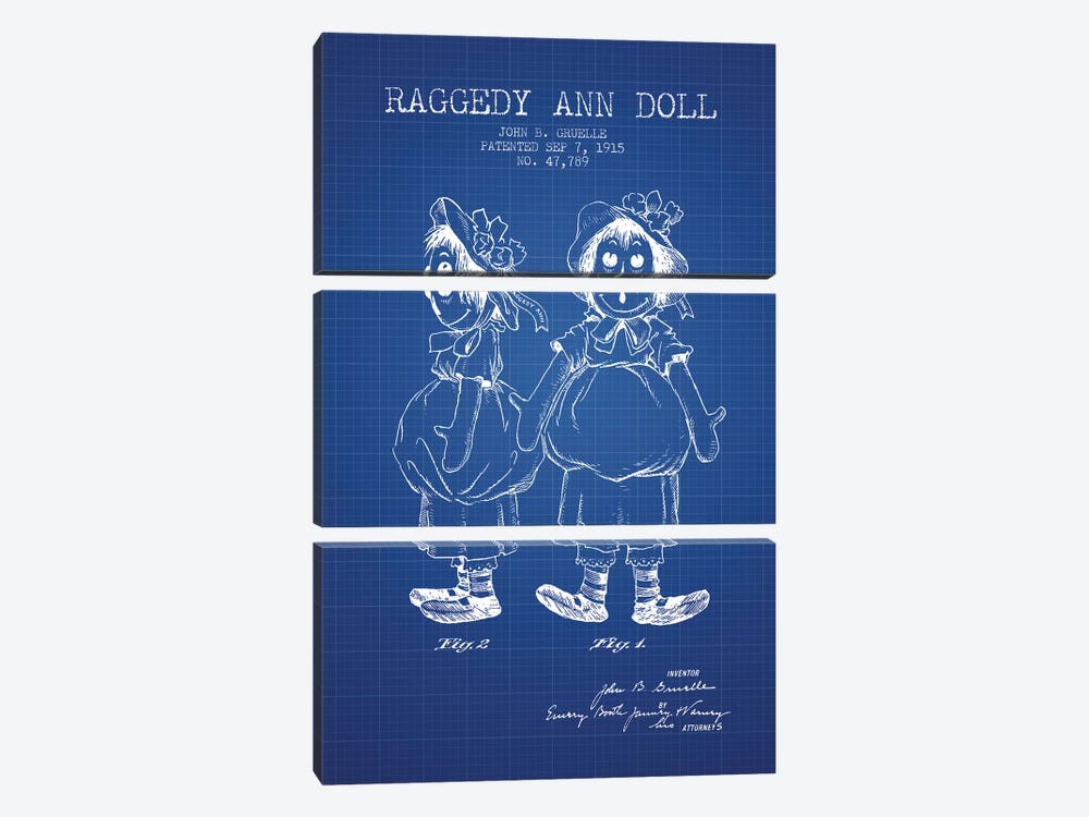 J.B. Gruelle Raggedy Ann Doll Patent Sketch (Blue Grid) by Aged Pixel 3-piece Canvas Print