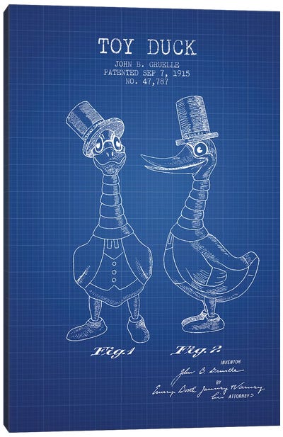 J.B. Gruelle Toy Duck, Male Patent Sketch (Blue Grid) Canvas Art Print - Toy & Game Blueprints