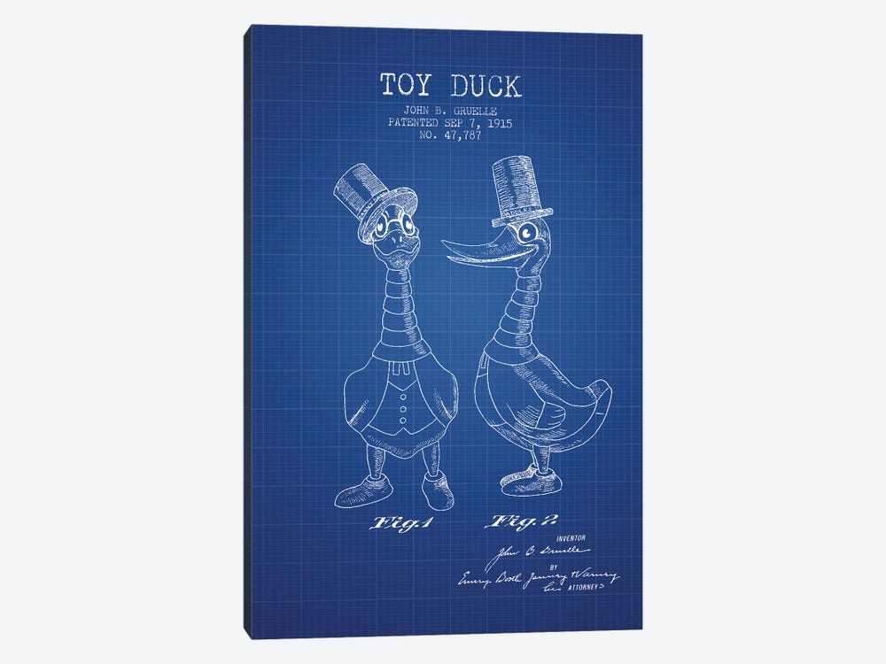 J.B. Gruelle Toy Duck, Male Patent Sketch (Blue Grid) by Aged Pixel 1-piece Canvas Art