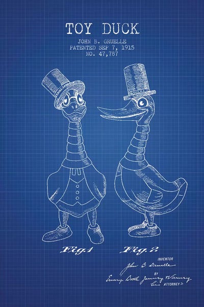 Toy & Game Blueprints: J.B. Gruelle Toy Duck, Male Patent Sketch (Blue Grid) by Aged Pixel