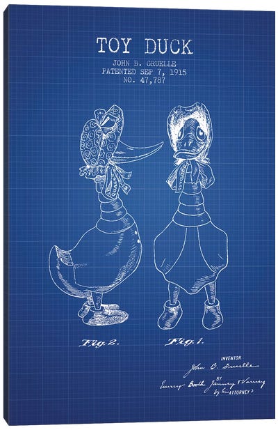 J.B. Gruelle Toy Duck, Female Patent Sketch (Blue Grid) Canvas Art Print - Toy & Game Blueprints