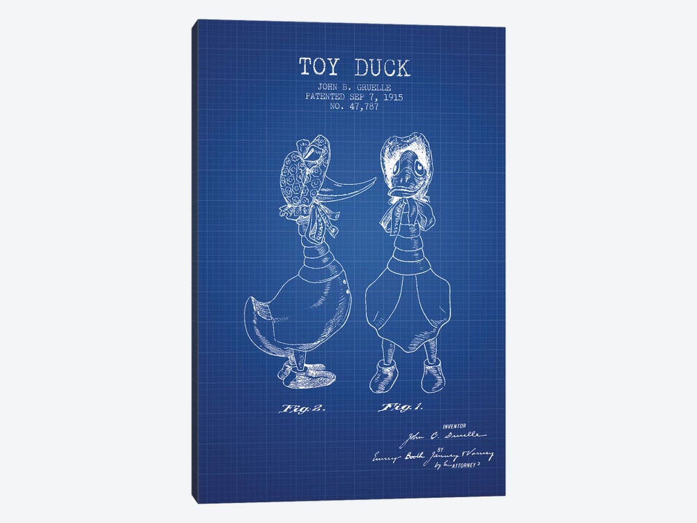 J.B. Gruelle Toy Duck, Female Patent Sketch (Blue Grid) by Aged Pixel 1-piece Canvas Art Print