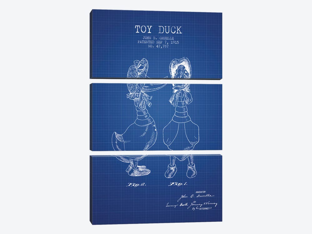 J.B. Gruelle Toy Duck, Female Patent Sketch (Blue Grid) by Aged Pixel 3-piece Canvas Print