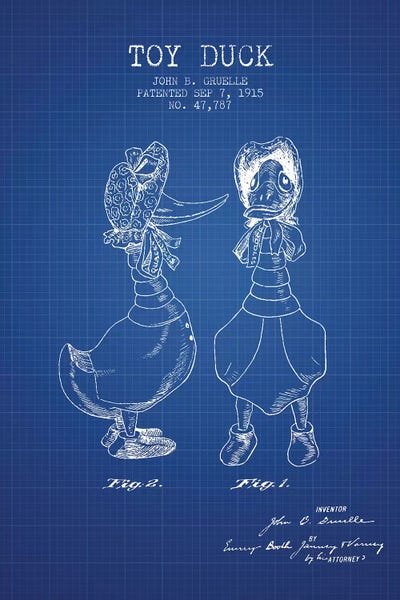 Toy & Game Blueprints: J.B. Gruelle Toy Duck, Female Patent Sketch (Blue Grid) by Aged Pixel