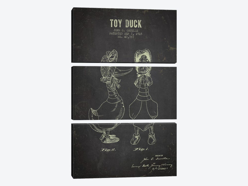J.B. Gruelle Toy Duck, Female Patent Sketch (Charcoal) by Aged Pixel 3-piece Canvas Art