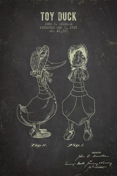 Toy & Game Blueprints: J.B. Gruelle Toy Duck, Female Patent Sketch (Charcoal) by Aged Pixel