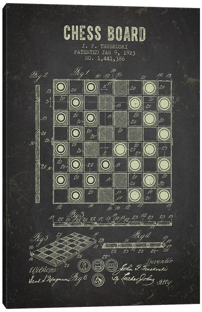 J.F. Truskoski Chess Board Patent Sketch (Charcoal) Canvas Art Print - Blueprints & Patent Sketches