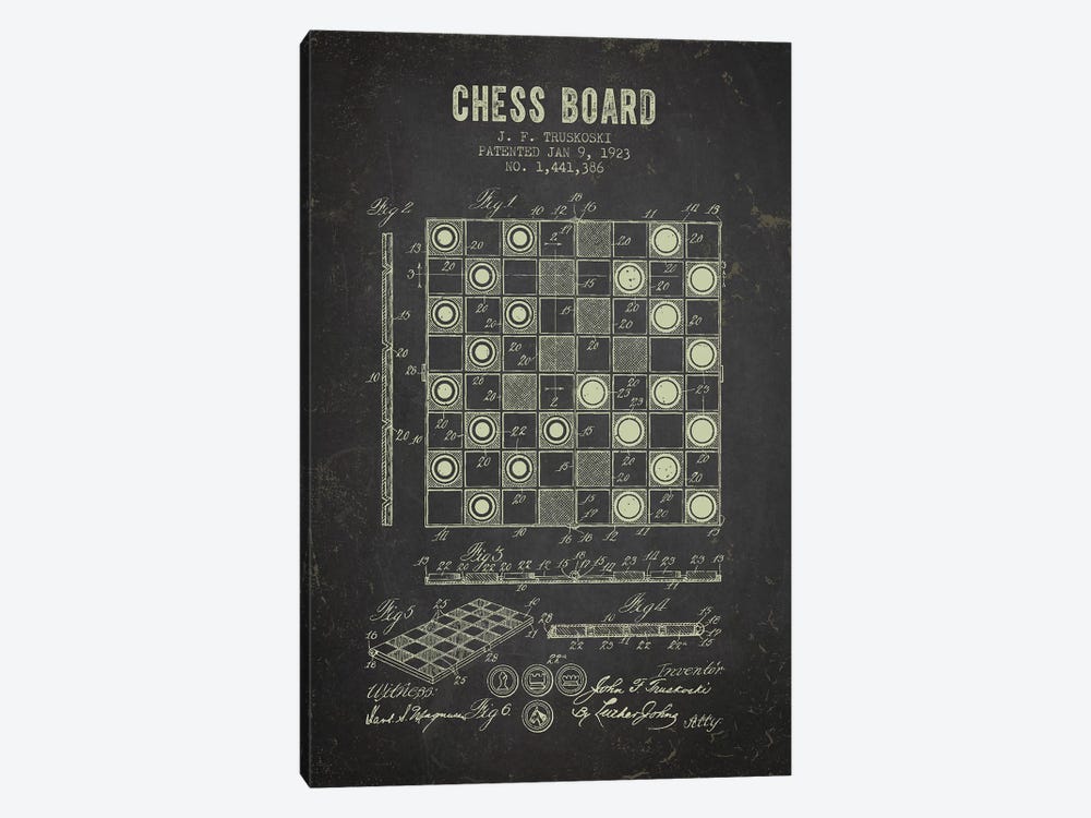 J.F. Truskoski Chess Board Patent Sketch (Charcoal) by Aged Pixel 1-piece Canvas Art