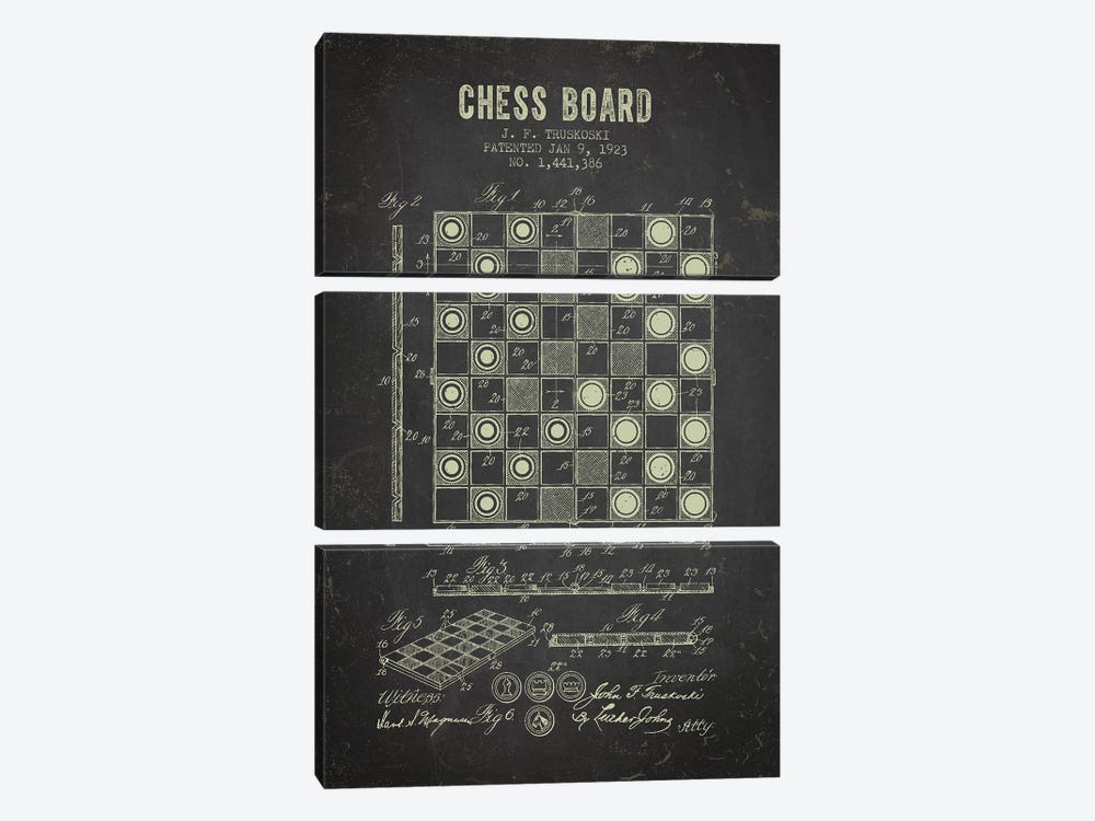 J.F. Truskoski Chess Board Patent Sketch (Charcoal) 3-piece Canvas Artwork