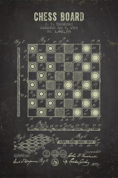 Dark Academia: J.F. Truskoski Chess Board Patent Sketch (Charcoal) by Aged Pixel