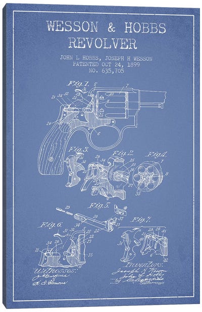 J.H. Wesson & J.L. Hobbs Revolver Patent Sketch (Light Blue) Canvas Art Print - Weapons & Artillery Art