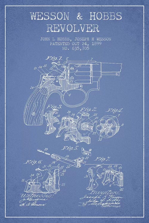 J.H. Wesson & J.L. Hobbs Revolver Patent Sketch (Light Blue) by Aged Pixel wall art