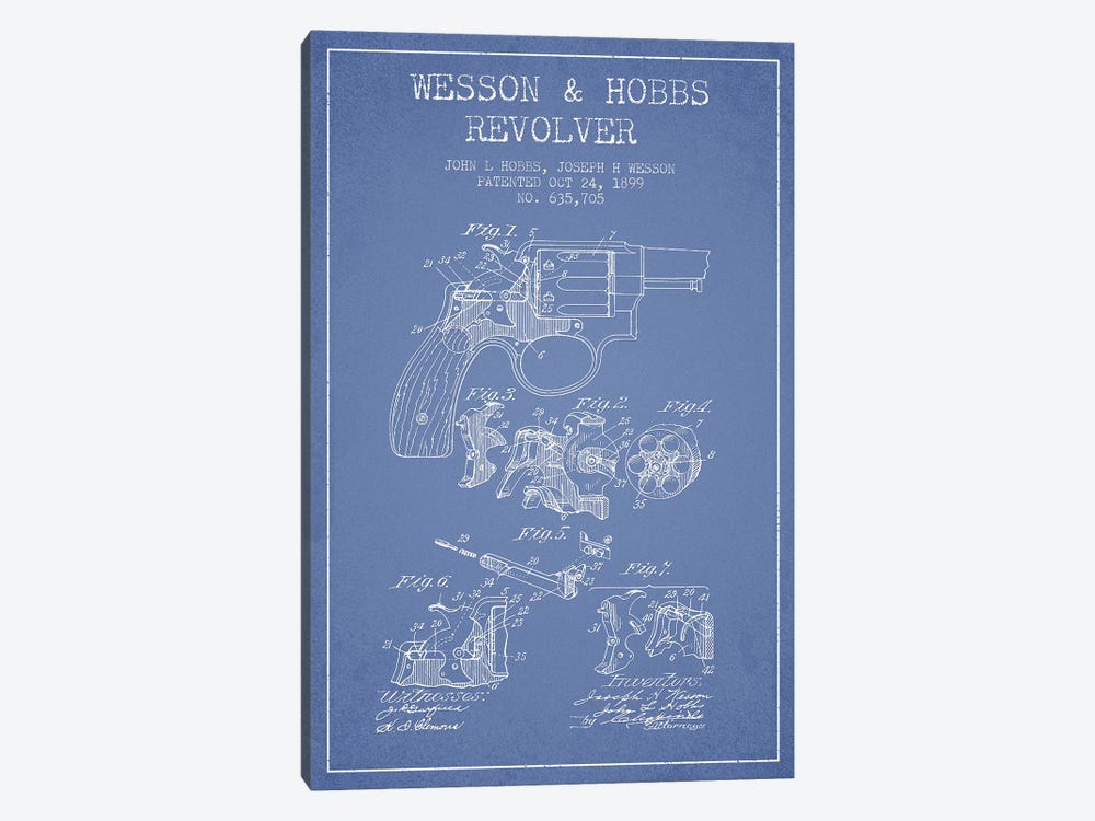 J.H. Wesson & J.L. Hobbs Revolver Patent Sketch (Light Blue) by Aged Pixel 1-piece Canvas Wall Art