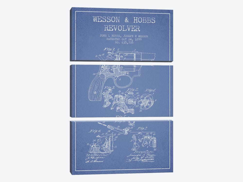 J.H. Wesson & J.L. Hobbs Revolver Patent Sketch (Light Blue) by Aged Pixel 3-piece Canvas Wall Art