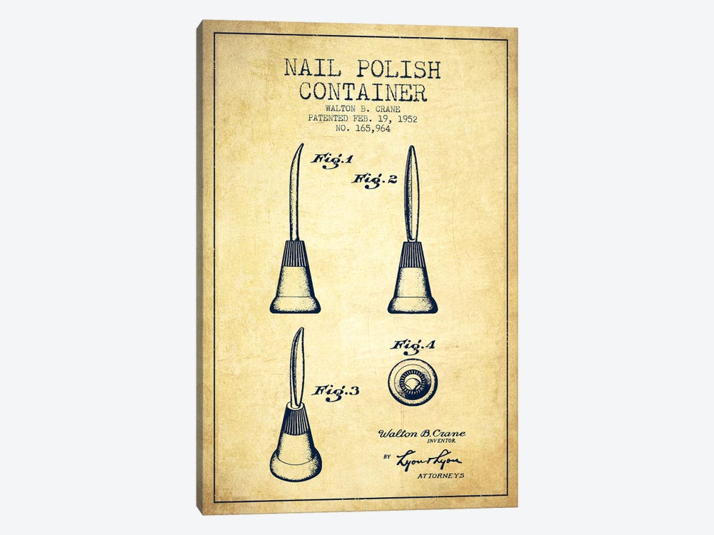 Container Nail Polish Vintage Patent Blueprint by Aged Pixel 1-piece Canvas Wall Art