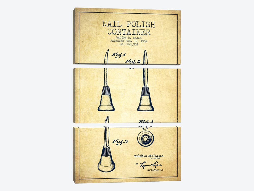 Container Nail Polish Vintage Patent Blueprint by Aged Pixel 3-piece Canvas Artwork