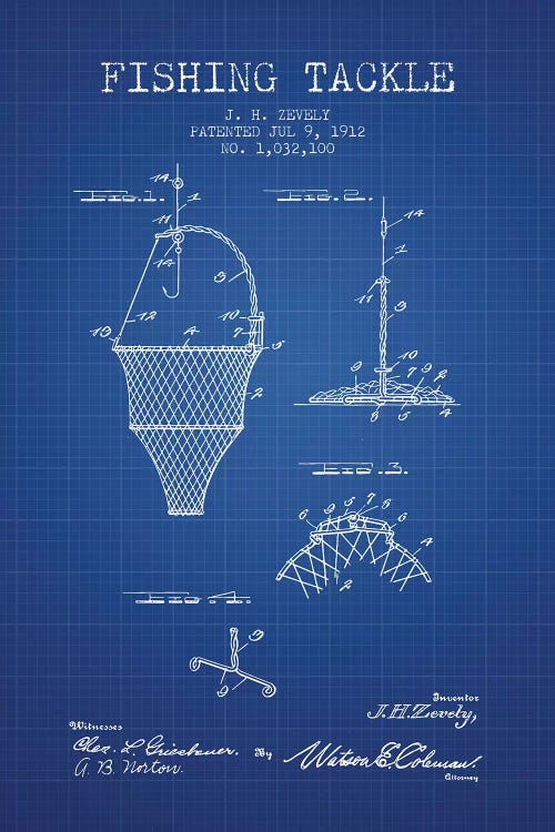 J.H. Zevely Fishing Tackle Patent Sketch (Blue Grid)