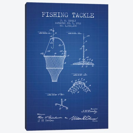 J.H. Zevely Fishing Tackle Patent Sketch (Blue Grid) Canvas Print #ADP2980} by Aged Pixel Art Print