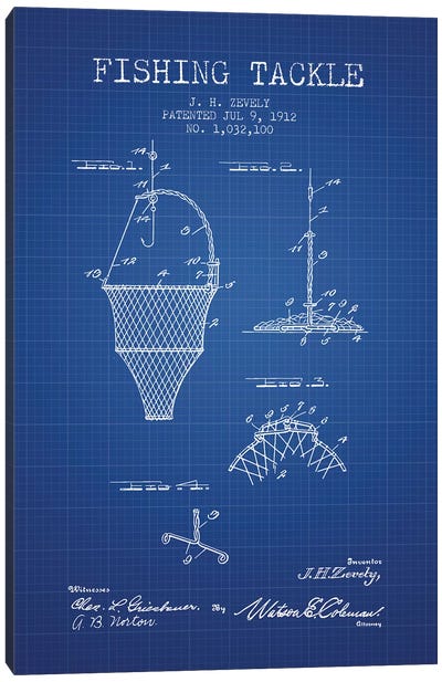 J.H. Zevely Fishing Tackle Patent Sketch (Blue Grid) Canvas Art Print