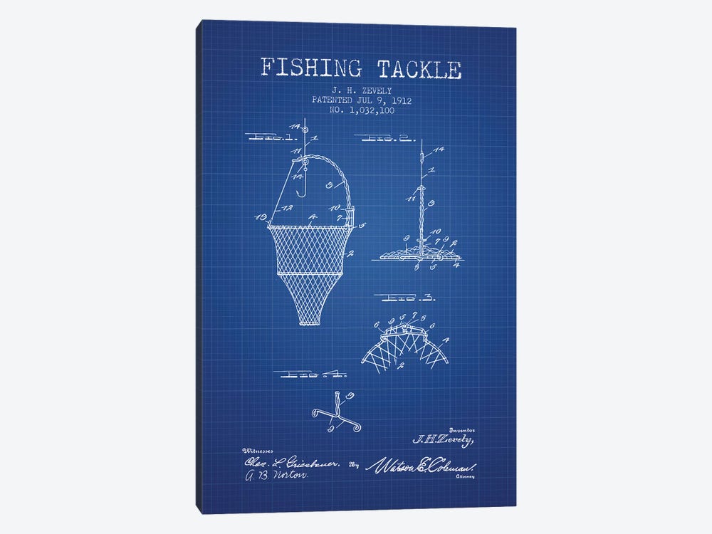 J.H. Zevely Fishing Tackle Patent Sketch (Blue Grid) by Aged Pixel 1-piece Canvas Artwork