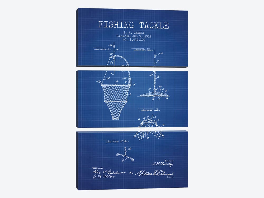 J.H. Zevely Fishing Tackle Patent Sketch (Blue Grid) by Aged Pixel 3-piece Canvas Artwork