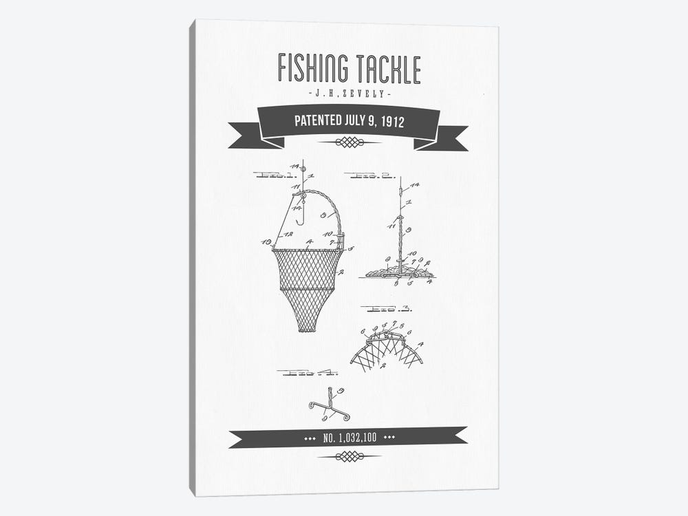J.H. Zevely Fishing Tackle Patent Sketch Retro (Charcoal) by Aged Pixel 1-piece Art Print