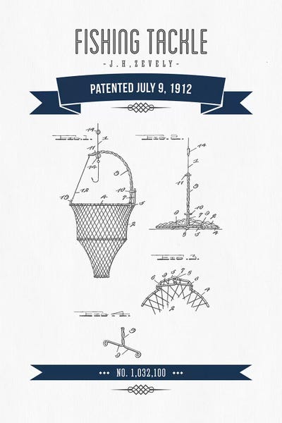 J.H. Zevely Fishing Tackle Patent Sketch Retro (Navy Blue) by Aged Pixel canvas print