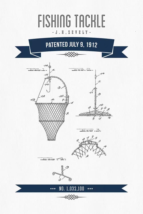 J.H. Zevely Fishing Tackle Patent Sketch Retro (Navy Blue)