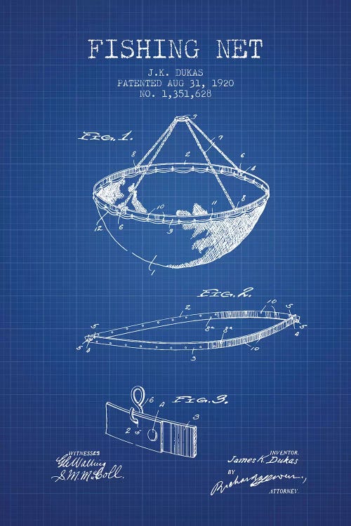 J.K. Dukas Fishing Net Patent Sketch (Blue Grid)