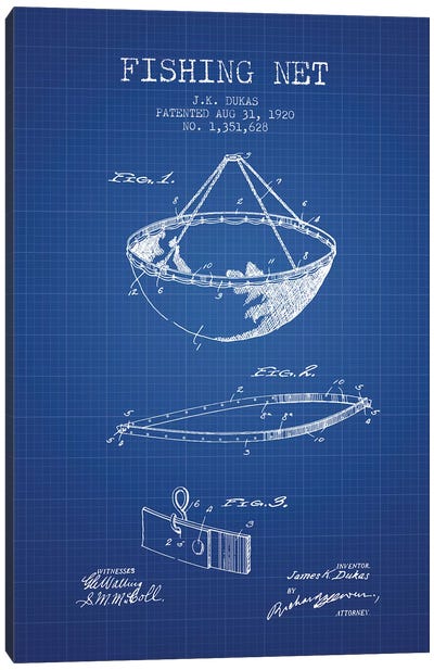 J.K. Dukas Fishing Net Patent Sketch (Blue Grid) Canvas Art Print