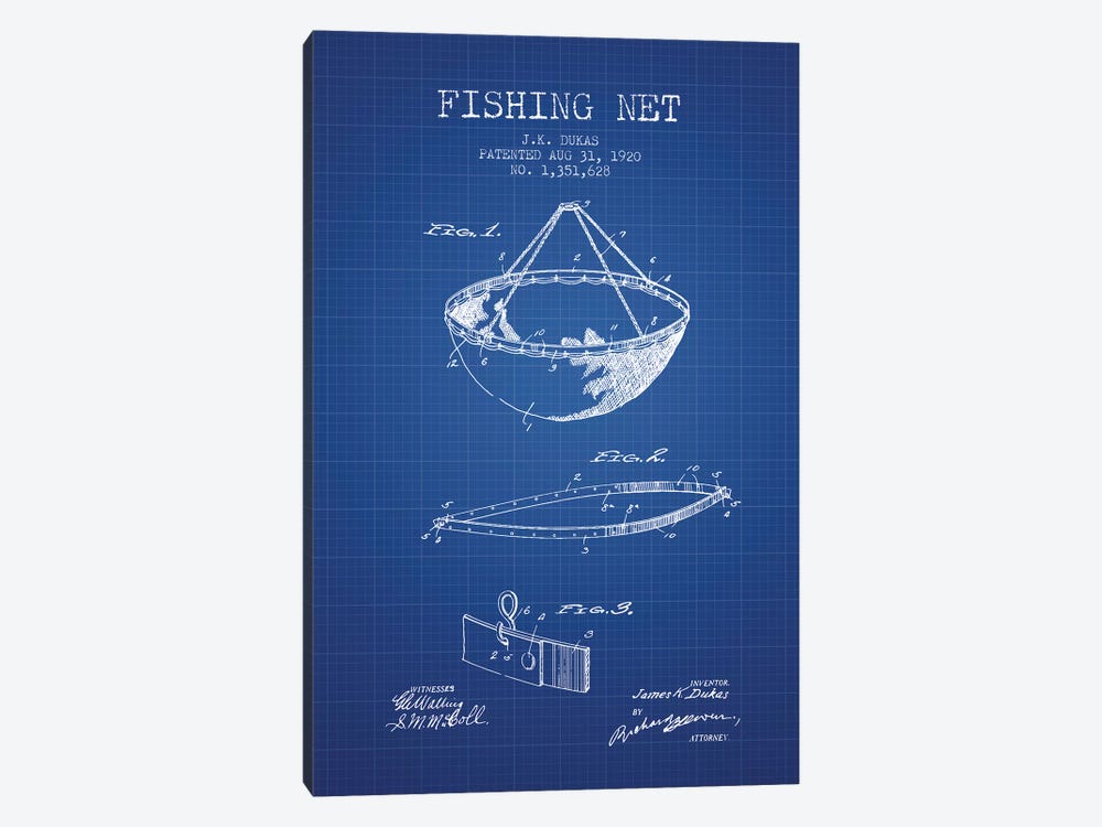 J.K. Dukas Fishing Net Patent Sketch (Blue Grid) by Aged Pixel 1-piece Art Print
